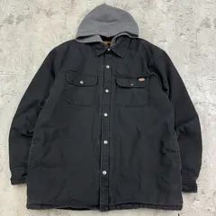 スナップボタン　重ね着風デザイン　中綿フード付きワークジャケット　Dickies　ディッキーズ　トップス　長袖　フード付きジャケット　古着　ブラック　グレー　L-XL相当