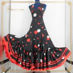 【フラメンコ衣装】ブラック ワンピース ドレス 黒 赤 ボランテ 水玉 レッド 白 ホワイト ダンス用 フリル レディース 発表会 かわいい かっこいい シック 綺麗 きれいめ ノースリーブ ドット柄 ロング スカート おしゃれ ダンス ダンスウェア 映え