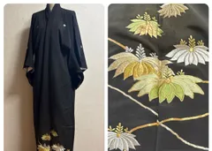 き27 ○ 着物　黒留袖　総刺繍　和洋折衷 黒留袖 着物 リメイク ワンピースにいかがですか