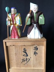 一刀彫 奈良人形　奈良一刀彫 木彫 伝統工芸 高砂　中宮博之作　在銘　共箱　(m71302)