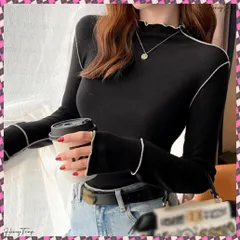 ストレッチTシャツ ヒートインナー微起毛 パイピングトップス バイカラートップス インナートップス 長袖カットソー プチハイネック 防寒イのサムネイル