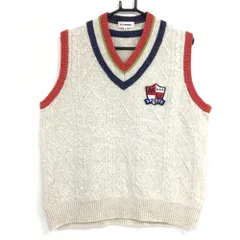 【超美品】MUスポーツ ニットベスト ベージュ×レッド系 Vネック ケーブル編み ロゴワッペン  メンズ 52(XL) ゴルフウェア M・U SPORTS