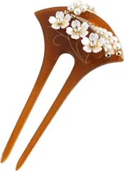 Miaomyao ミャオミャオ 簪 かんざし バチ型 髪飾り 和装 留袖 桜 フラワー 花 花びら パール U字 ヘアアクセサリー(あめ色,  ワンサイズ)