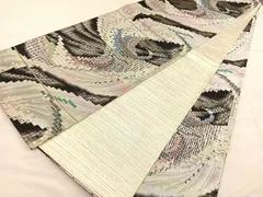 仕立て品 全通柄 孔雀羽ジャガード生地 袋帯／ブラック 仕立て品 全通柄 孔雀羽ジャガード生地 袋帯／ブラック 仕立て品 全通