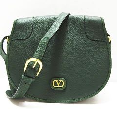 ヴィンテージ Valentino garavani ヴァレンティノガラヴァーニ Vロゴ ショルダーバッグ レザー 斜め掛け グリーン×ゴールド金具 保存袋付き 鞄 レディース バレンチノ ヴァレンチノ
