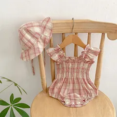 ★ピンク90cm★キャミソールフリルロンパース・帽子付き　チェック柄　ベイビー　女の子　可愛い　韓国子供服