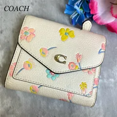 ✨良品✨  COACH コーチ 三つ折り財布 コンパクトウォレット C金具 フローラル ロゴ型押し 総柄 ゴールド金具 ペプルドレザー カードケース 定期入れ 小銭入れ レディース ホワイト 白色