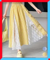 新品 レース切り替え ロングチェック柄スカート 裏地付きスカート夏 ミモレ丈 スカート サマースカート旅行