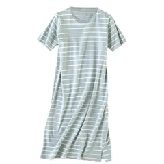 パジャマ ルームウェア ワンピース レディース 綿 半袖 ボーダー 部屋着 大きいサイズ 膝下 透けない マタニティ シンプル おしゃれ 体型カバー コットン rr2 4.ミント M|L|XL|3L(2XL)|4L(3XL)|5L(4XL)