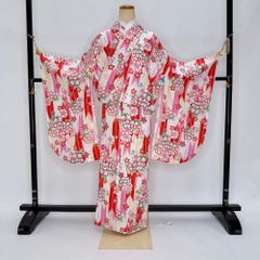二尺袖 単品 卒業式着物 白 裄69cm LLサイズ  袴用着物 化繊 中古 4577