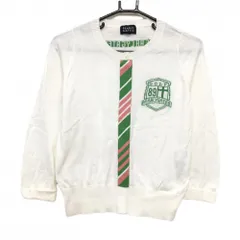 【美品】パーリーゲイツ セーター 白×グリーン 一部斜めボーダー コットン ニット レディース 1(M) ゴルフウェア PEARLY GATES