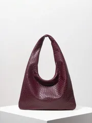 バッグ レディース トートバッグ ビンテージPU編み込みパターンショルダートートバッグ、大容量、バーガンディ色、月型、ファスナー付きアームピットバッグ、通勤&ショッピングバッグ、クリスマスギフト(パターンはランダム