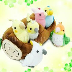 【SALE 10%OFF】 インコ ぬいぐるみ 小鳥 雑貨 携帯ストラップ バッグチャーム カラフルインコと切り株セット