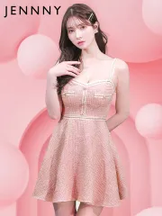 ピンク【KND】 [KND0008-240808-1]【JENNNY】フレアキャミソールドレス/ツイード/レース/谷間見せ/背中見せ/ミニドレス/キャバドレス