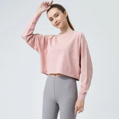 ☆ ピンク ☆ Lサイズ ☆ ヨガウェア 長袖 体型カバー ヨガウェア 長袖 トップス ヨガシャツ フィットネスウェア トレーニングウェア ショート丈 ヨガ クロップド丈 体型カバー ゆったり レディース ピラティス ホットヨガ エクササイズ ヨガ用品