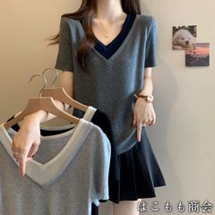 【美品・未使用新品】半袖です☆パッチワーク偽2 Vネックドロップショルダー半袖Tシャツ女性夏2025新しいニッチトップス