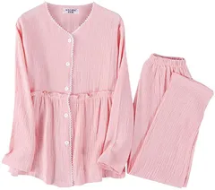 Hotvivid パジャマ レディース 長袖 ルームウェア 二重ガーゼ 部屋着 上下セット(ピンク,  M)