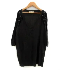 パドカレ pas de calais ニット カットソー Vネック 七分袖 ロング丈 ビーズ リネン混 38 チャコールグレー /HO11のサムネイル