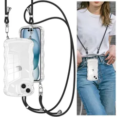 新品 QLTYPRI ケース iPhone 16 Pro Max 用ケース クリア TPUカバー 調節可能な ショルダー 肩がけ 首掛け 紐付き 斜めがけ ウェーブ おしゃれ 韓国 可愛い iPhone16 Pro Max用ケース アクスタ収納 透明 薄型 軽