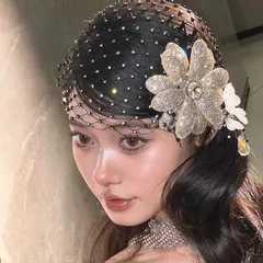 ヘッドドレス シルバー クリスタル 花 花嫁 ウエディング 結婚式 ブライダル ハット 帽子 レディース ハロウィン 黒 チュール ヘッドアクセ ヘアアクセサリー ヘアアクセ 髪飾り ダンス フラワー パーティー