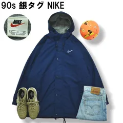 90s ヴィンテージ 銀タグ ナイキ NIKE フーデット ナイロン コート ロング ジャケット パーカー ジャンパー 裏地 フリース M ネイビー スポーツ ストリート メンズ