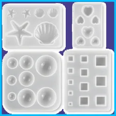 レジン型 ソフトモールド 4個セット 半球 丸玉 キューブ ハート 貝殻 スターフィッシュ シリコン モールド アクセサリー パーツ (丸・貝殻)