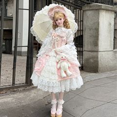 新品未使用 オリジナルデザイン   豪華JSKロリータワンピース 姫袖付き 重工レース ロココ風 ドール風 甘ロリ 華ロリ ピンク ハートリボン メイド風 ロリータセット 撮影会 舞台衣装 仮装 ハロウィン イベント用 コスチューム 可愛い洋服
