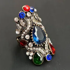 US7号：日本サイズ 約13～14号 Belly Dance Tribal Ring ベリーダンス トライバル リング 指輪（ブラック×グリーン系）RI-005
