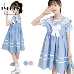 キッズ セーラー風ワンピース ワンピース 夏 学院 リボン付き 半袖 ゆったり 女子 高生セーラー服 制服 春夏 マリン風 シンプル カジュ