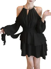 ISLAYCAOLILA キャバドレス ミニワンピース クラブドレス フレア フリル ホルターネック オフショルダー 長袖 ウエストマーク レディース E92( ブラック,  M)