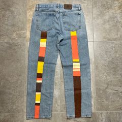 Wrangler  90s  ペイント加工  ストレート デニムパンツ  W32 L30  ラングラー  ブルー  青  リメイク  ペンキ  ライン  古着  デニム
