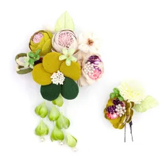 髪飾り 成人式 つまみ細工 振袖 前撮り 袴 花 2点セット 黄緑色 緑色 白 ちりめん 下がり パールビーズ 玉飾り 組紐　和柄 大 No.12-0411