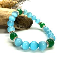キャッツアイ(ライトブルー)×緑瑪瑙 パワーストーン ブレスレット  (シルバー) メンズ・レディース　男性・女性　数珠ブレス 開運 [23]
