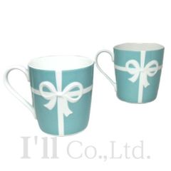 【未使用品】　Tiffany&Co.　ティファニー　ブルーボックス　マグカップ　2客セット　陶器　ホワイト　ブルー　インテリア食器　テーブルウェア　ブルーリボン　ボウ　コップ　コーヒーカップ　ペア【74888】