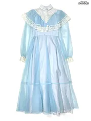 古着 リボン レース ハイネック TALONジップ 無地 シフォン ロング丈 長袖 ドレス ワンピース 青 水色 (otu2501071)