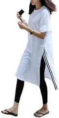 panda store ロングTシャツワンピ ワンピース チュニック レディース 半袖 スリット サイドスリット シンプル 可愛い おしゃれ カジュアル 普段着 お出掛け 夏(ホワイト,  S)