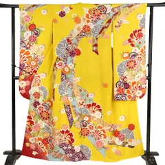 中古 振袖 成人式 リサイクル アウトレット 正絹 黄色 赤 菊 椿 桜 熨斗 青海波 刺繍 仕立て上がり 身丈169cm 裄67cm Ｍサイズ No.i3-0804