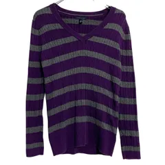 TOMMY HILFIGER コットンニット セーター レディース L パープル グレー トミーヒルフィガー プルオーバー 古着卸 アメリカ仕入 a702-5182のサムネイル