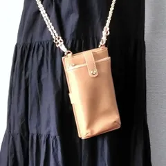 スマホショルダー　ライトブラウン　スマホポシェット　ミニバッグ　チェーンショルダー　スマホケース　合成皮革　折りたたみ　ライトブラウン　ベージュ