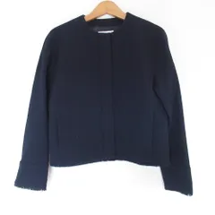 極美品＊23区 ツイードノーカラージャケット 44 大きいサイズ ネイビー紺 セール】 【セットアップ対応】シャインツイードストレッチ ノー