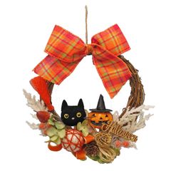 ハロウィン  パンプキン＆くろねこリース　（6281）　22cm　 造花リース ハロウィン