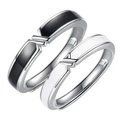 【人気商品】おしゃれ 大きいサイズ 人気 シンプル シンプル 細め プレゼント 調節可能 おもしろ メンズ 記念日 リング レディース アクセサリー フリーサイズ 指輪 黒＆白 メンズリング 2個セット カップルリング シルバー ペアリング YEENKE