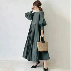 ぽわん袖ワンピースパフスリーブ切り替えワンピプリーツロング長袖韓国大人フォーマル