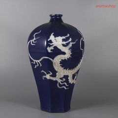 清乾隆藍釉竜紋賞瓶 景徳鎮 陶磁器 装飾品 現代工芸品 美術品 置物