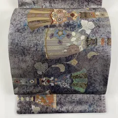 袋帯 名品 落款 幾何学 花唐草 螺鈿 金銀彩 紫 六通 正絹 【中古】