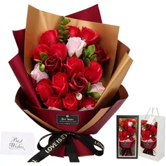 ソープフラワー花束 母の日プレゼント，誕生日プレゼント ソープフラワー バラ グラデーション 花束 ブーケ 薔薇造花 プレゼント女性人気ギフト 結婚記念日 父の日 敬老の日 彼女 感謝 お礼 インテリアローズブーケ バラ花束赤 1