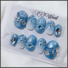 ネイルチップ現品 量産型 ワンホン 韓国 青 推しネイル ツイード