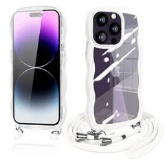 iPhone14 Pro ケース ショルダー クリア iphone14プロ スマホケース 透明 TPU カバー ストラップ付き 肩掛け 首掛け 紐付き 斜めがけ 創意 個性 可愛い かわいい 韓国 薄型 耐衝撃 アイフォン14Pro(ホワイト)