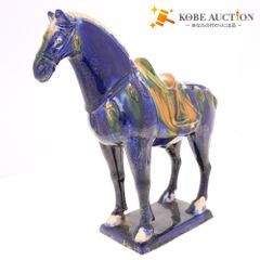 ■ 戦馬像 藍釉戦馬 唐三彩 緑釉 景徳鎮窯 馬 像 工芸 美術 置物 全長23cm