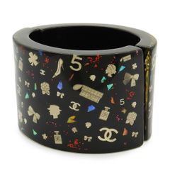 CHANEL シャネル ワイドバングル ブレスレット アイコン ココマーク クローバー リボン レジン ブラック 黒 マルチカラー 06 A